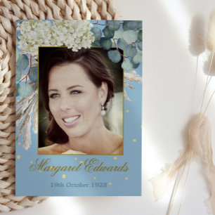 90th Floral Blue Gold Elegant Photo Birthday Invitation