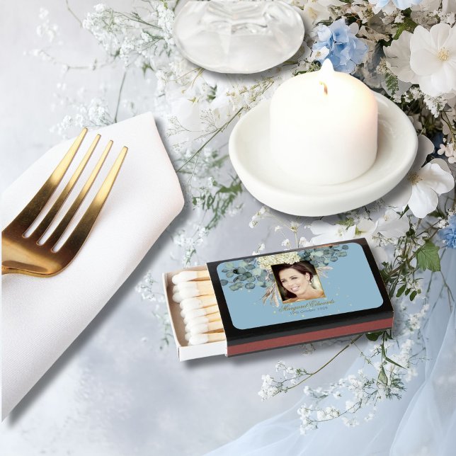90th Floral Blue Gold Elegant Photo Birthday Matchboxes (Creator Uploaded)