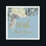 90th Floral Blue Gold Elegant Photo Birthday Napkins<br><div class="desc">A 90th Birthday Floral Personal Birthday design.
The age can be changed for any age not just 90.
A pretty white flower and blue foliage background. 
The information is easily changed to your own custom information.</div>