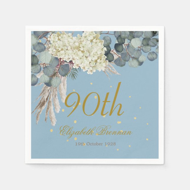 90th Floral Blue Gold Elegant Photo Birthday Napkins (Front)