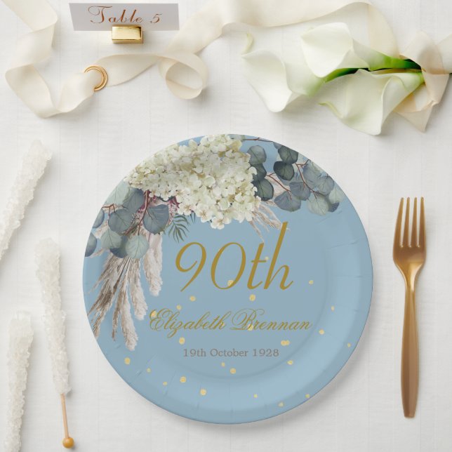 90th Floral Blue Gold Elegant Photo Birthday Paper Plates (Wedding)