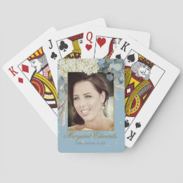 90th Floral Blue Gold Elegant Photo Birthday Poker Cards
