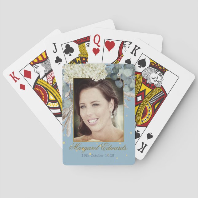 90th Floral Blue Gold Elegant Photo Birthday Poker Cards (Back)