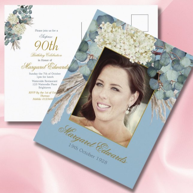 90th Floral Blue Gold Elegant Photo Birthday Postcard (Creator Uploaded)