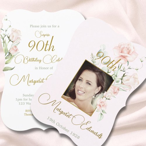90th Floral Blush Pink Elegant Photo Birthday Invitation