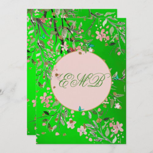 90th Floral Green Elegant Pink  Monogram Birthday Invitation