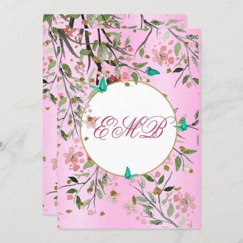 90th Floral Pink Chic  Elegant  Monogram Birthday Invitation