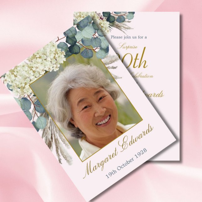 90th Floral Pink Elegant Photo Birthday Invitation (Creator Uploaded)