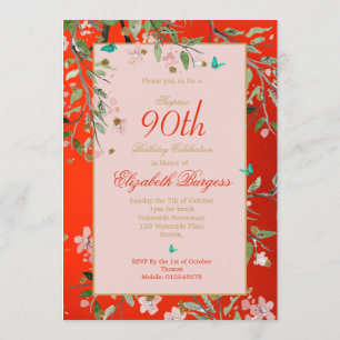 90th Floral Red Elegant Pink Gold Birthday Invitation