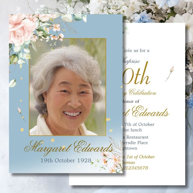 90th Floral Roses Blue Gold Elegant Photo Birthday Invitation (Creator Uploaded)