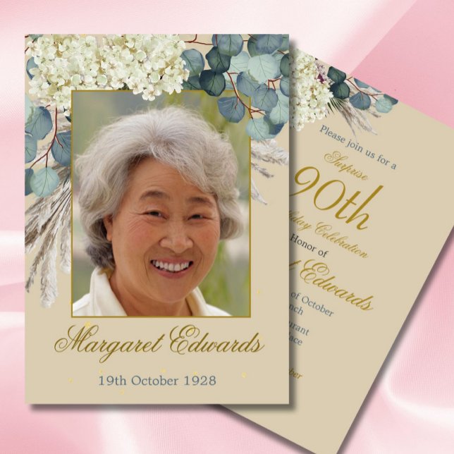90th FloralChic Elegant Gold Photo Birthday Invitation (Creator Uploaded)