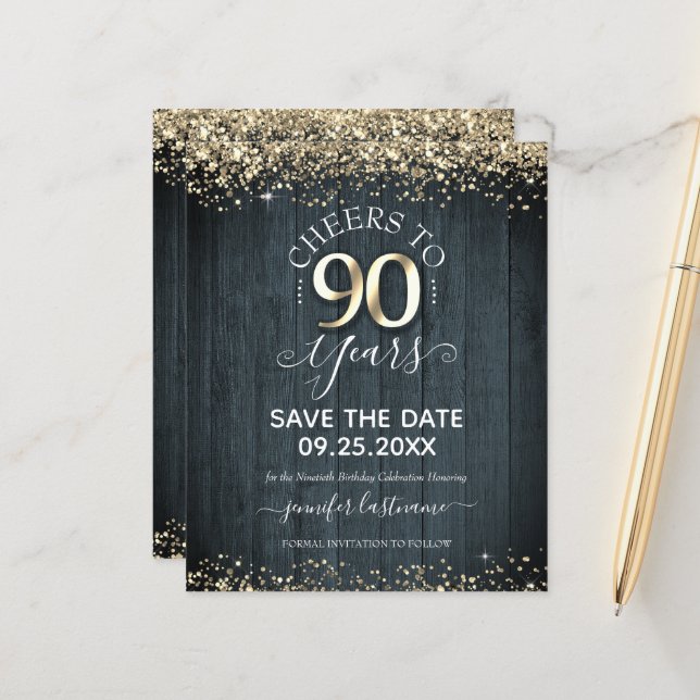 90th Gold Birthday Save the Date Budget Invitation (Front/Back In Situ)