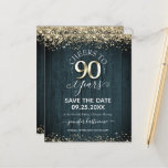 90th Gold Birthday Save the Date Budget Invitation<br><div class="desc">Elegant Faux gold glitter with shimmering confetti highlights on the top and bottom border. All text is adjustable and easy to change for your own party needs. Great elegant 90th birthday template design. Faux wood blue textured background makes a perfect gender neutral party invitation.</div>