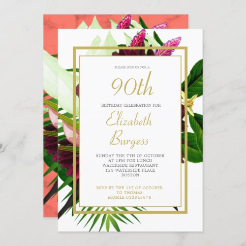 90TH  Gold Coral Floral Elegant Modern Birthday Invitation
