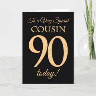 90th Gold-effect on Black, for Cousin Birthday Card
