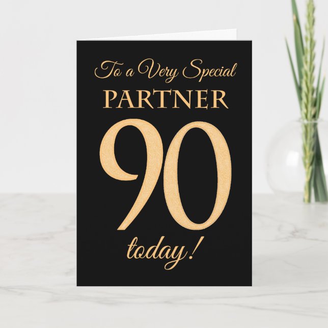 90th Gold-effect on Black, for Partner Birthday Card (Front)