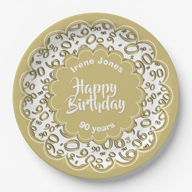90th Gold/White Random Number Pattern Paper Plates (Front)