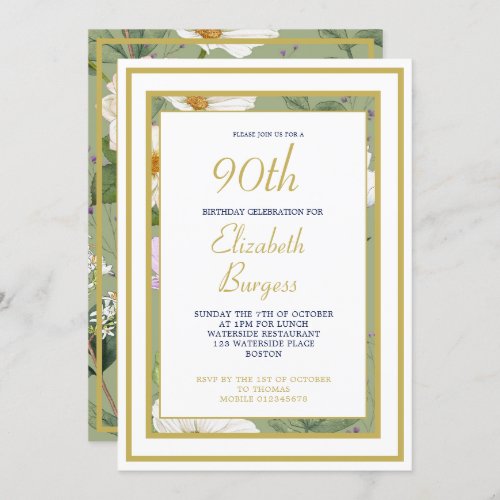 90TH Green Gold Floral Elegant Modern Birthday Invitation