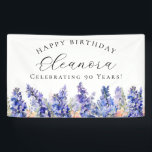 90th Happy Birthday Banner Blue July Birth Flower<br><div class="desc">Elegant summer watercolor blue larkspur flowers create a beautiful floral border at the bottom of this happy birthday banner. Larkspur or delphinium flowers are the July birth flower. A trendy font combination gives it a modern aesthetic. All of the text is editable.</div>