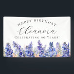 90th Happy Birthday Banner Blue July Birth Flower<br><div class="desc">Elegant summer watercolor blue larkspur flowers create a beautiful floral border at the bottom of this happy birthday banner. Larkspur or delphinium flowers are the July birth flower. A trendy font combination gives it a modern aesthetic. All of the text is editable.</div>
