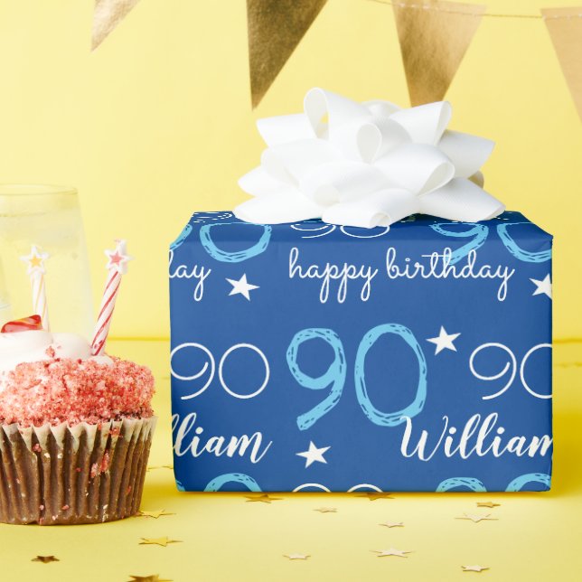 90th happy birthday blue Personalized Wrapping Paper (Birthday Party)