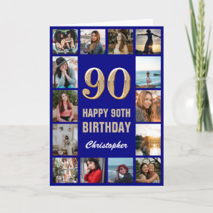 90th Happy Birthday Navy Blue & Gold Photo Collage Card