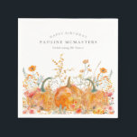 90th Happy Birthday Pumpkin Wildflower Custom Napkins<br><div class="desc">Fall pumpkins are nestled in delicate golden yellow and orange wildflowers to create an elegant aesthetic. All of the text is editable so you can easily craft your own special mood.</div>