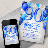 90th Mens Blue Birthday Invitation