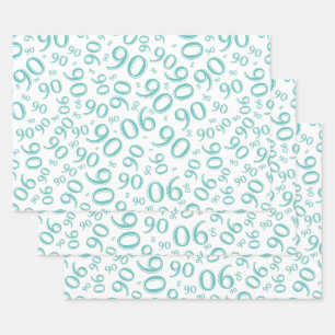90th Milestone Birthday Teal/White Number Pattern Wrapping Paper Sheets