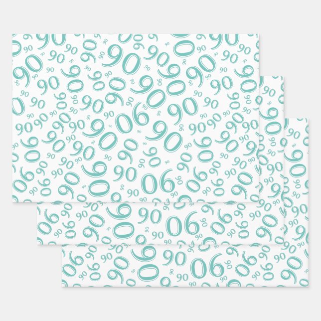 90th Milestone Birthday Teal/White Number Pattern Wrapping Paper Sheets (Set)