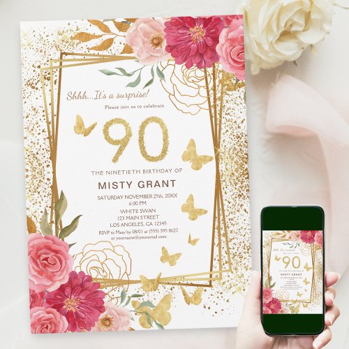 90th Milestone Modern Pink Cheers to Ninety Years  Invitation