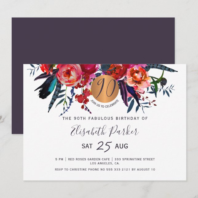 90th Modern chic floral watercolor birthday party Invitation (Front/Back)