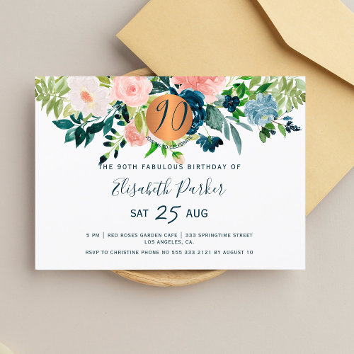 90th Modern navy floral watercolor birthday party