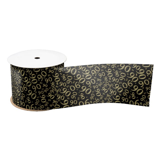 90th Modern Random Number Pattern Gold/Black Satin Ribbon (Spool)