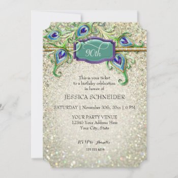 90th Ninetieth Birthday Party Peacock Feather Invitation by PatternsModerne at Zazzle
