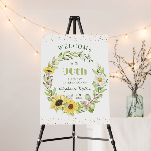 90th Ninetieth Birthday Party Sunflower Welcome Foam Board (In Situ (Stand))