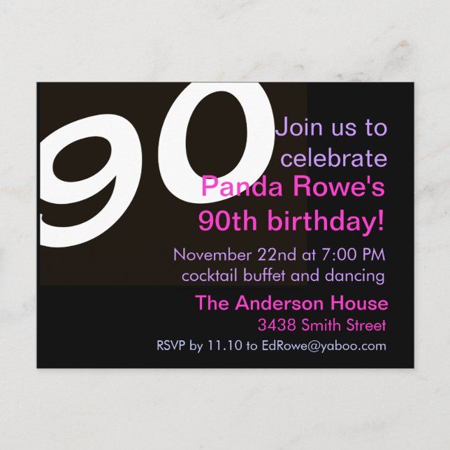 90th Ninetieth Ninety Birthday Party Postcard Invi (Front)