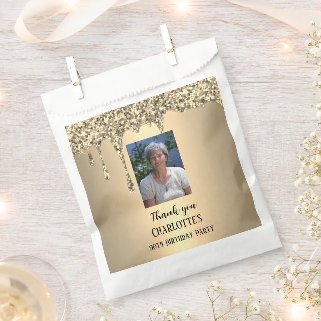 90th Ninety Elegant Birthday Party Gold Favor Bag (Clipped)