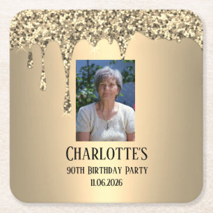 90th Ninety Elegant Birthday Party Gold Square Paper Coaster