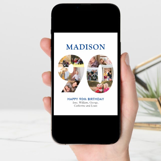 90th Number Photo Collage Name Navy Blue Greeting Card (Front Digital)