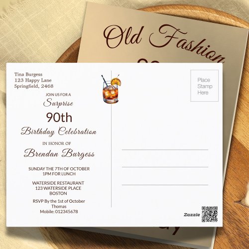 90th Old Fashion Cocktail Male Birthday Invitation Postcard