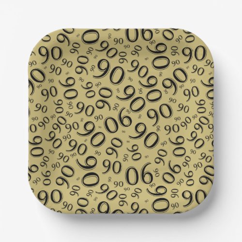 90th Party Random Number Pattern BlackGold Paper Plates