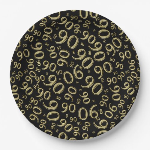 90th Party Random Number Pattern BlackGold Paper Plates