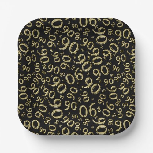 90th Party Random Number Pattern BlackGold Paper Plates