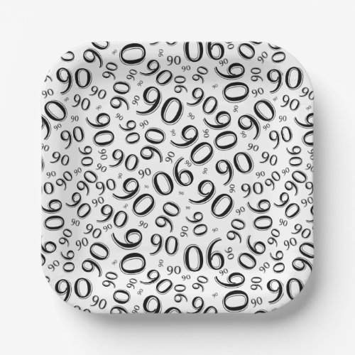 90th Party Random Number Pattern BlackWhite Paper Plates