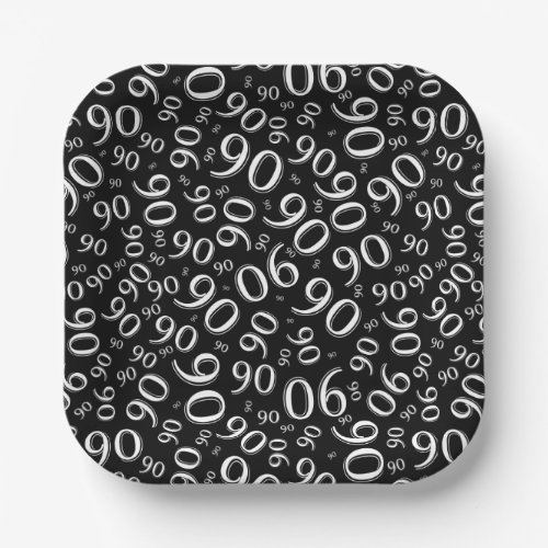 90th Party Random Number Pattern BlackWhite Paper Plates