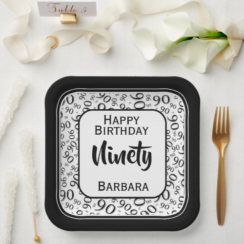90th Party Random Number Pattern BlackWhite Paper Plates