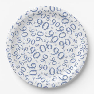 90th Party Random Number Pattern Blue/White Paper Plates