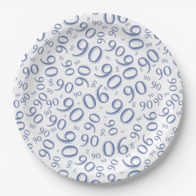 90th Party Random Number Pattern Blue/White Paper Plates (Front)