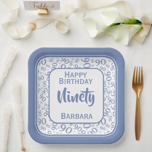 90th Party Random Number Pattern BlueWhite Paper Plates